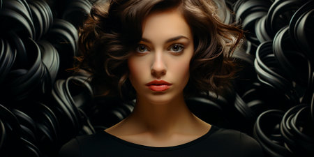 Behold the charm of simplicity! This masterpiece features a woman radiating confidence, dressed in a chic black shirt and gracefully standing in front of a vibrant chromatic curtain.の素材