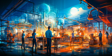 Explore a virtual factory with a modern design. Interact with a diverse team of workers in a comic book setting. Experience the fun and creativity of running a virtual factory.の素材
