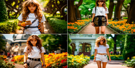 A young girl in casual clothes takes a selfie in the park. Catches the moment of relaxation and self-expression. Enjoys nature and documents his experiences using technology.の素材