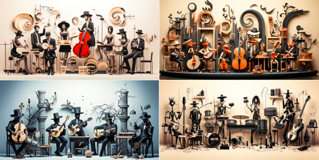 Unique and stylish black and white 2D character designs. Characters playing various musical instruments in a studio setting. Ideal for music branding, posters, merchandise and more.の素材