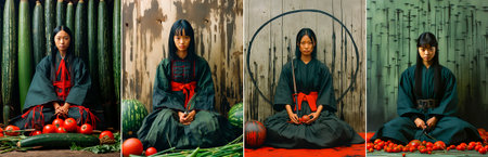 Neo-traditional Japanese art style with a modern twist. Reflects the simplicity and beauty of everyday life. Combines traditional elements with modern themes. A unique portrayal of Asian cultureの素材