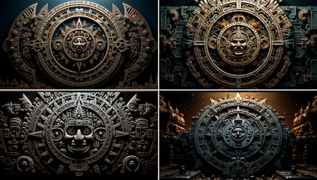 An exquisite Aztec calendar in black and white. Glowing spheres and fantastic ruins. High contrast of light and shade for dramatic effect. Arched doorways and bird's eye perspective.の素材