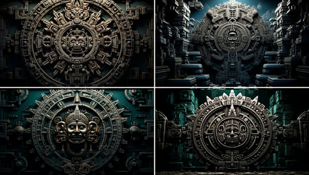 Exquisite Aztec calendar design in black and white. Glowing orbs adding a mystical element. Fantasy ruins with arched doorways and unique architecture. High contrast of light and shadeの素材
