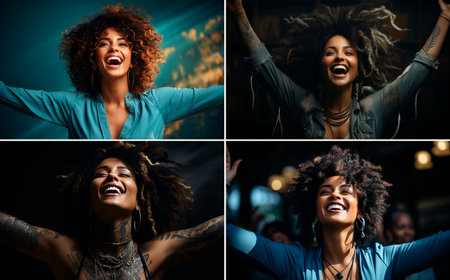 Strong and confident black woman wearing a denim shirt. Vigorous hand waving in hip-hop style. Beautiful and expressive movements with attitude.の素材