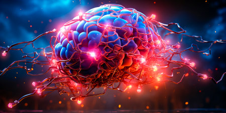 Futuristic design with blue abstract brain. Dark background for an elegant and modern look. Includes futuristic gizmos for added visual interest. Blue and pink accents for a pop of color.の素材