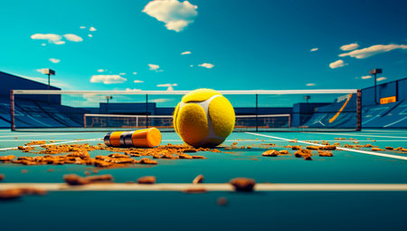 Unique blue tennis ball court design. Flat colors for a minimalist look. Dark yellow and blue color scheme. Creative concept for tennis lovers.の素材
