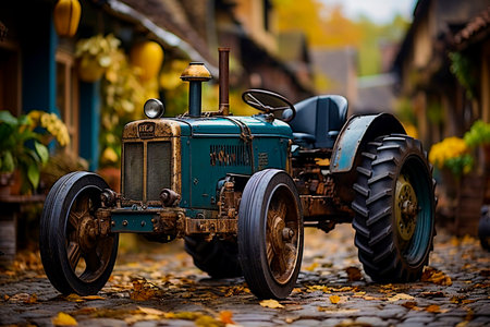 A bright and colorful tractor pulling a cart through a picturesque landscape. Merging nature with mechanized precision into stunning works of art. A unique combination of agricultural imagesの素材