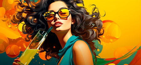 Image of a girl drinking a cocktail with colorful straws. Captures a bright and playful moment. Ideal for social media or marketing materials.の素材