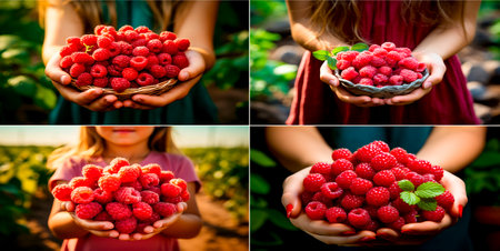 A beautiful and bright image of a girl with raspberries in her hands. Captures the essence of summer and fresh fruit. Ideal for food or health related content or promotions.の素材