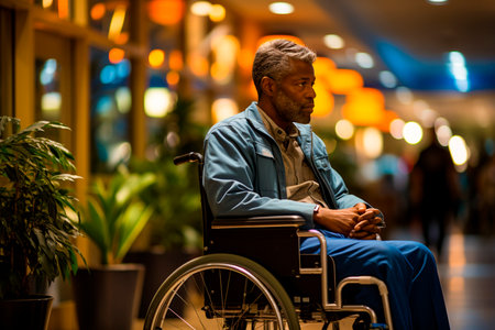 A man in a wheelchair moves along the corridor. Accessibility for people with disabilities. Inclusive design and placement features. Enabling people with limited mobility to move freelyの素材