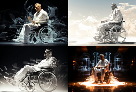 A man in a wheelchair moves along the corridor. Accessibility in public places for people with disabilities. An inspiring and uplifting image of overcoming physical challenges.の素材