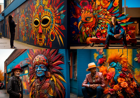 Street art featuring a man on a graffiti board outside a building Adds color and character to the cityscape Reflects the creativity and expression of graffiti cultureの素材