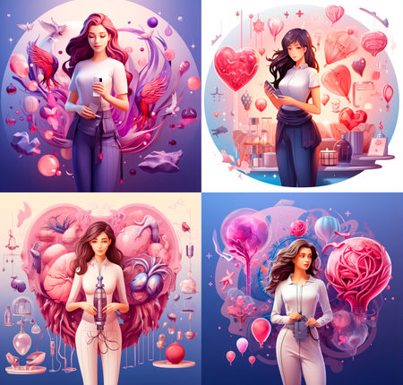 Woman holding abdominal organ. Perhaps symbolizing traditional medicine or healing methods. Other symbolic elements of the image may include herbs, crystals and other tools used in healing rituals.の素材