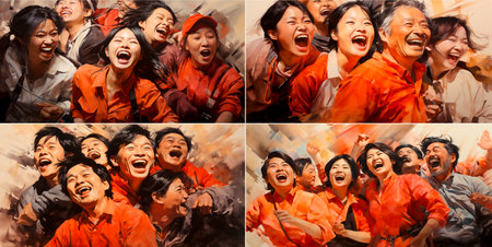 A unique and creative painting featuring several laughing faces. Each face tells its own story. Creates intrigue and curiosity. A piece of art that brings joy and laughter to any space.の素材