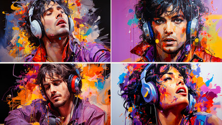 A painting of a man talking on the phone. The work explores themes of communication in the digital age. Uses bright colors and expressive brush strokes. Conveys the essence of modern technology in artの素材