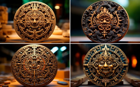 collage of 4 photos. Aztec design in dark orange and light gold colors. A macro lens for a creative twist on the traditional calendar. Ideal for adding a pop of color and style to any room.の素材