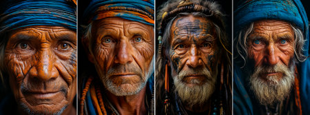 collage of 4 photos. The bruise symbolizes the resilience and strength of an older man. The primitive art style adds depth and emotion to the portrait. A powerful portrayal of agingの素材