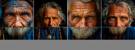collage of 4 photos. Vivid portraits that capture the essence of aging and vulnerability. The primitive style of art enhances the emotional impact of a bruise on the face. Causes a feeling of sympathyの素材