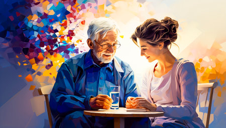 Medical care for the elderly. Doctor giving medicine and providing assistance. Wheelchair for mobility support. Scientific illustrations for teaching on health topics.の素材