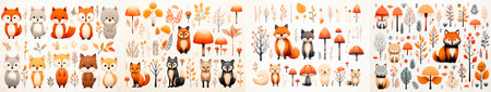 A collection of cute cartoon animals, including foxes, cats, and mushrooms, are arranged in a rowの素材