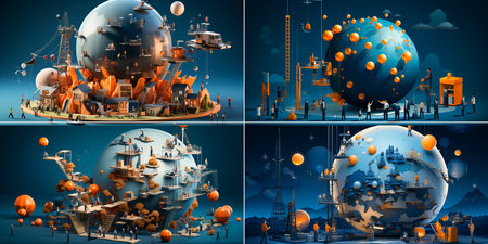 collage of 4 photos. Isometric design with blue background. The illustration shows people picking up an orange ball. Emphasizes unusual energy and functionality.の素材