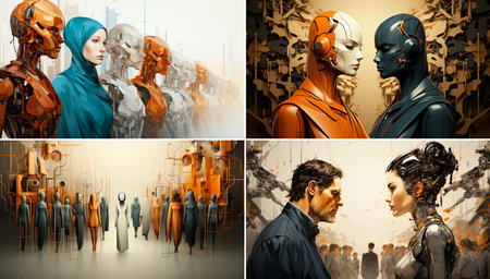 Unique illustration of robotic motif of people in groups. Light gray and dark brown colors for a modern look. Aristocratic theme with a futuristic touch.の素材