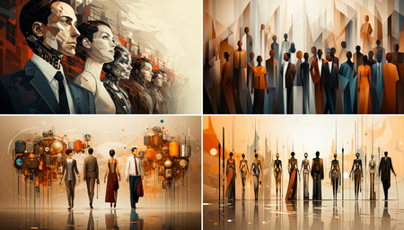 Unique illustration of robotic motif of people in groups. Light gray and dark brown colors for a modern look. Aristocratic theme with a futuristic touch.の素材