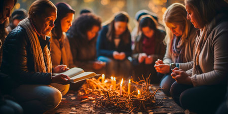 Christians gather together to pray and seek God's blessings Bible study is conducted to deepen understanding of scripture Gospel sharing and worship are key elements of the conceptの素材