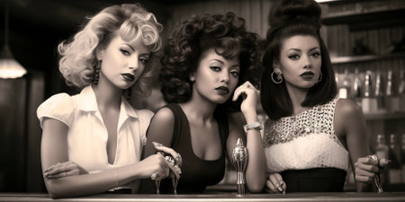 Intimate and iconic moments of women's lives in the bar are captured. Pays homage to classic album covers. Uses black and white photography to create a timeless aesthetic.の素材