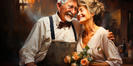 Portrait of smiling senior couple in love, looking at each other.の素材