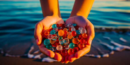 Microplastics found on beaches are a visible reminder of water pollution and climate change These small particles contaminate the ocean and contribute to global warming.の素材