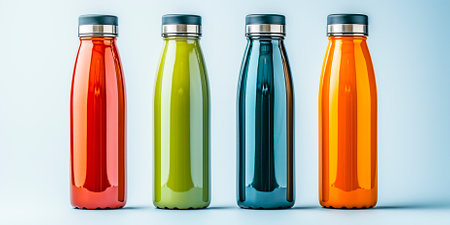 Reusable water bottle made of glossy metal. The set includes a set of silver stoppers. Product packaging design template Transparent background to clearly showcase the productの素材