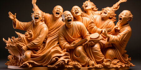 Scene of a group of Thai Buddhas laughing. Don't you wish you knew the punch line? Bringing everyone together with their infectious laughter, these Thai Buddhas bring joy to everyone who sees them!の素材
