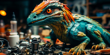 Velociraptor in the factory, working on assembling toy parts, Mighty Trex at the heart of creation, making dreams come true one toy at a time! Roaring Creativityの素材