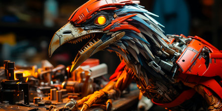 A Velociraptor in a factory working on assembling toy parts, From the land before time to the toy assembly line! Marvel at Trex's dexterity as he crafts toys with precision and turns play intoの素材