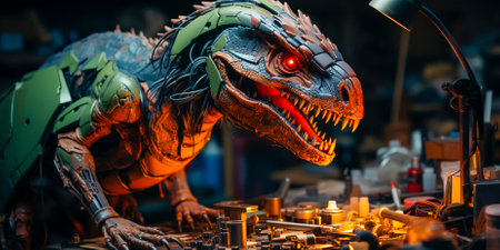 A Velociraptor in a factory working on assembling toy parts, From the land before time to the toy assembly line! Marvel at Trex's dexterity as he crafts toys with precision and turns play intoの素材