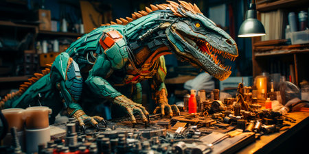 Unique and fun concept of a Velociraptor in a factory setting Captivating storyline of the Velociraptor assembling toy parts Combines imagination.creativity.and education for childrenの素材