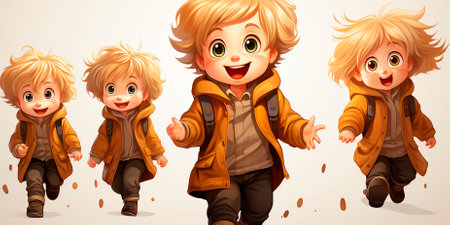 Illustration of a five year old boy with golden blond hair and large bright eyes. The boy wins and holds a storybook. Full body illustration on a white background. Designed for use in children's storybooks.の素材
