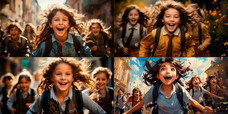 a girl runs down the street smiling widely, the backpack is strong the level of confidence is off the charts Shine with independence. Embracing the nomadic spirit chasing dreams every step of the wayの素材