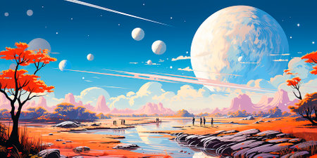 A breathtaking view where the river of dreams merges with the vast expanses of space, revealing the unearthly beauty of the interweaving of realities. Nature And Beyondの素材