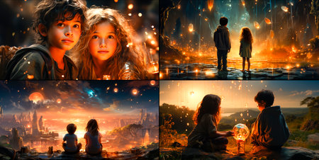 Little boy and girl around them Great Universe, The warmth of your love is like a fire that ignites our souls Burning Heartsの素材