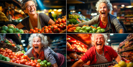 Collage of happy senior woman buying fruits and vegetables at the marketの素材