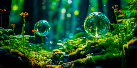 A quaint oasis in the embrace of nature. Immerse yourself in the magical realms of the mossy forest, where enchanting bubbles dance and delight, reminding usの素材