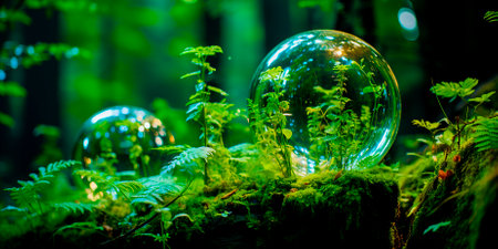 The Joy of Nature: A whimsical scene in which ethereal bubbles dance gracefully through a vibrant, mossy forest, reminding us to appreciate the simple joys that nature provides. Bubbles In Paradiseの素材