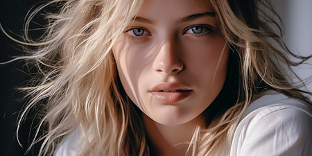 Eyes that sparkle like sapphires In this exquisite black portrait, the ethereal blonde reveals the pure beauty of her azure eyes, leaving us in complete awe. Eyes that hypnotizeの素材