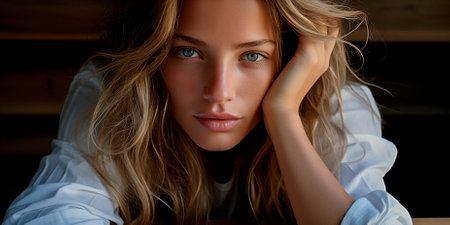 The depth of her gaze eclipses the ocean, leaving you captivated and hungry for more." Enchanting Eyes is beautiful. woman holds her head in her hands,の素材