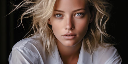 Experience the stunning beauty of a woman with mesmerizing blue eyes. Prepare to be captivated by this striking black portrait. A breathtaking radiance that will leave you in awe.の素材