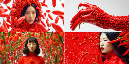 A vibrant combination of art and fashion! Step into the world of surreal portraits with this enchanting portrait of a woman. Like those vibrant chili peppers, its presence adds flavor and intensity.の素材