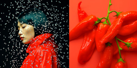 Chili peppers peeled and seeded, in the style of surreal portraits, This hot girl knows how to make a statement! Who needs rain when you have the coolest umbrella in town? Red And Readyの素材