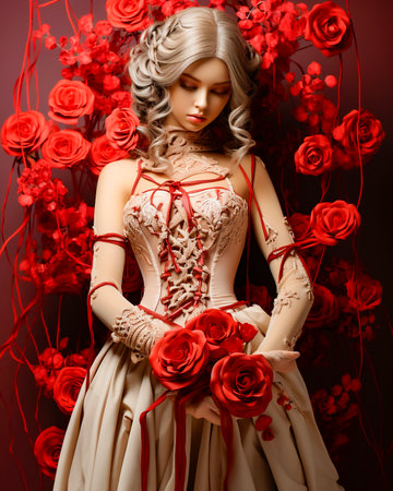 cute woman holding a bouquet of flowers tied with rope, in body art style, Love blossoms as this doll adorns itself with a stunning bouquet of vibrant red roses! Doll With Roses Blooming Beautyの素材